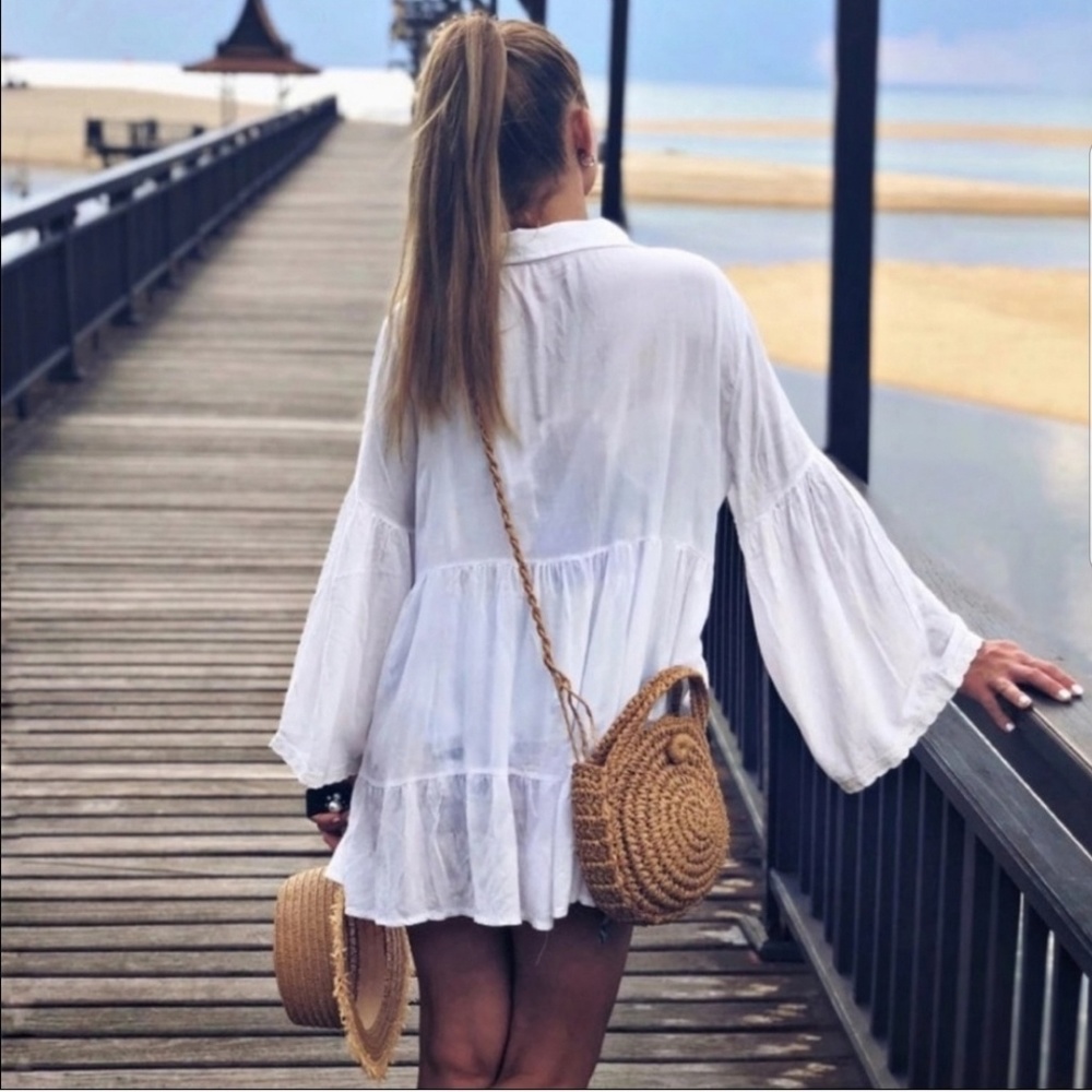 White Cotton Beach Tunic Dress Shirt - Picture 8 of 8